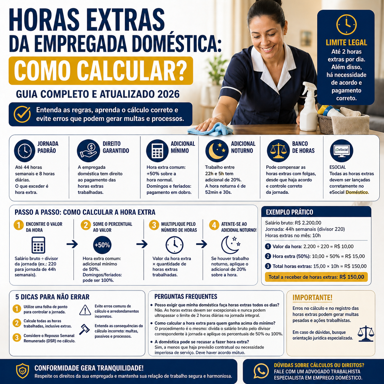 Cálculo de horas extras doméstica: como calcular corretamente em 2026